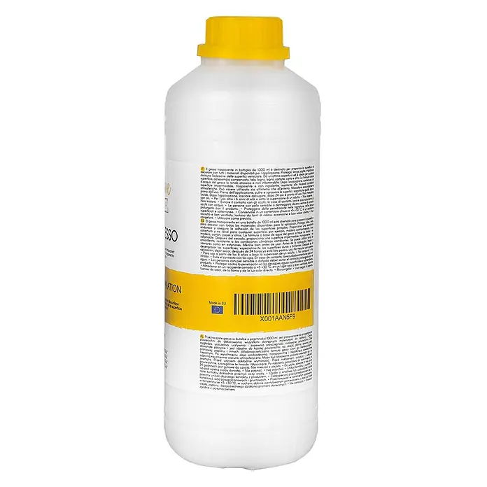 Creative Deco Speziallack Gesso Klar 1000ml - Transparent, 1 l, Wasserbasiert - Weiße Plastikflasche mit gelbem Verschluss und Etikett, enthält 1000 ml transparentes Gesso zur Oberflächenvorbereitung.
