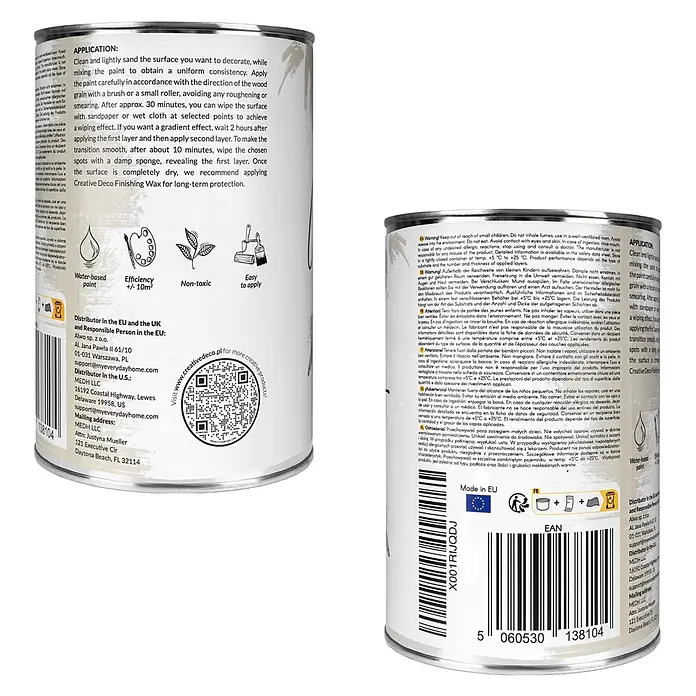 Creative Deco Speziallack Kreidefarbe für Möbel Kräutergrün - Grün, Matt, 1 l, Wasserbasiert - Farbdose mit Produktetiketten, Anwendungshinweisen, Warnungen, Händlerinformationen und Barcode.