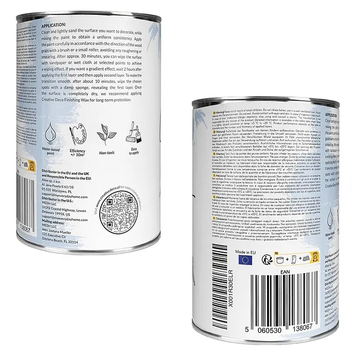 Creative Deco Speziallack Kreidefarbe für Möbel Hellblau - Blau, Matt, 1 l, Wasserbasiert - Weiße Produktverpackung mit Etikett, das Anwendungshinweise, Warnungen und Händlerinformationen zeigt. Barcode und 'Made in EU' sichtbar.