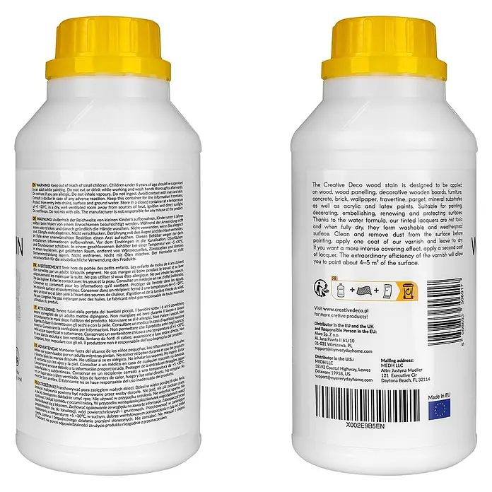 Creative Deco Speziallack Gesso Klar 500ml - Transparent, 0,5 l, Wasserbasiert - Weiße Plastikflasche mit gelbem Schraubverschluss, enthält Holzbeize. Etiketten mit Produktinformationen sind sichtbar.