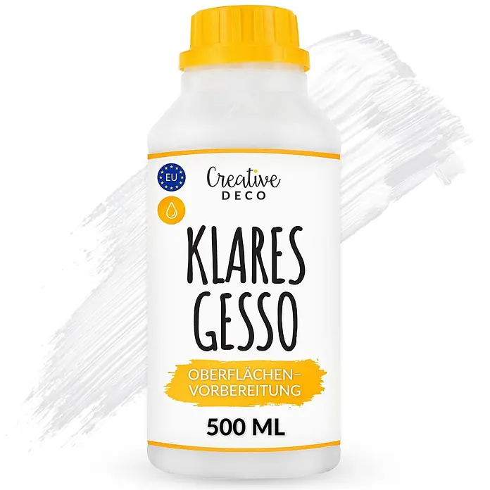 Creative Deco Speziallack Gesso Klar 500ml - Transparent, 0,5 l, Wasserbasiert - Weiße Plastikflasche Creative Deco klares Gesso mit gelbem Deckel, Etikett für Oberflächenvorbereitung, 500 ml.