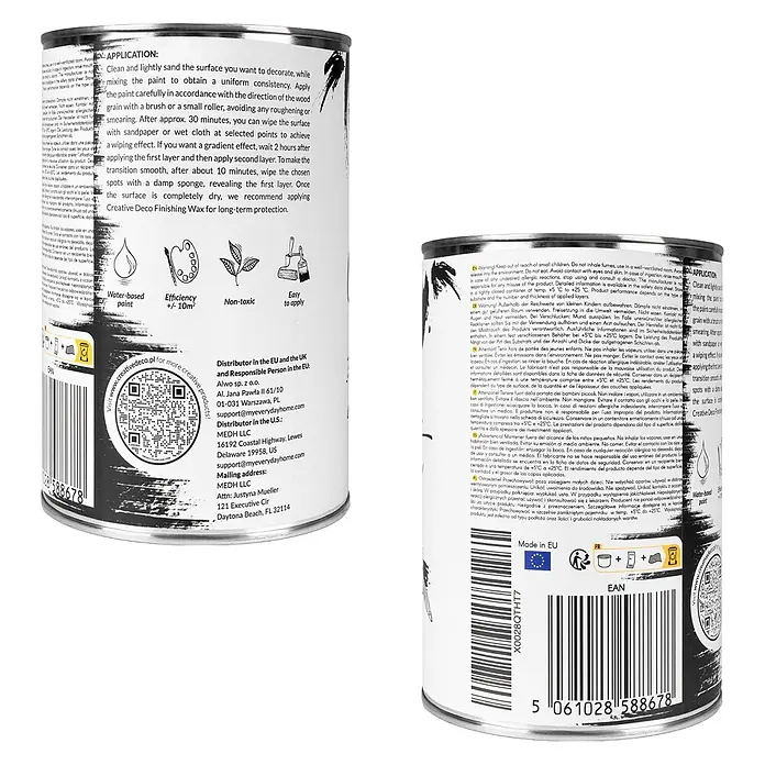 Creative Deco Speziallack Kreidefarbe für Möbel Schwarz - Schwarz, Matt, 1 l, Wasserbasiert - Weiße Farbdose mit detaillierten Etiketten: Anwendungshinweise, Produkteigenschaften (wasserbasiert, ungiftig) und Händlerinformationen.