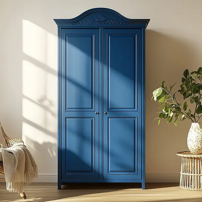 Creative Deco Speziallack Kreidefarbe für Möbel Ozeanblau - Blau, Matt, 1 l, Wasserbasiert - Blauer Holzschrank mit verziertem Aufsatz in einem sonnigen Raum.