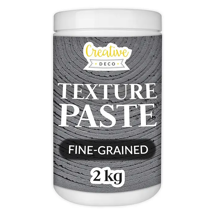 Creative Deco Speziallack Strukturpaste Feinkörnig 2 kg Dunkelgrau - Grau - Weiße Dose Creative Deco Feingranulierte Texturpaste, 2 kg. Etikett zeigt dunkelgraues strukturiertes Oberflächendesign.