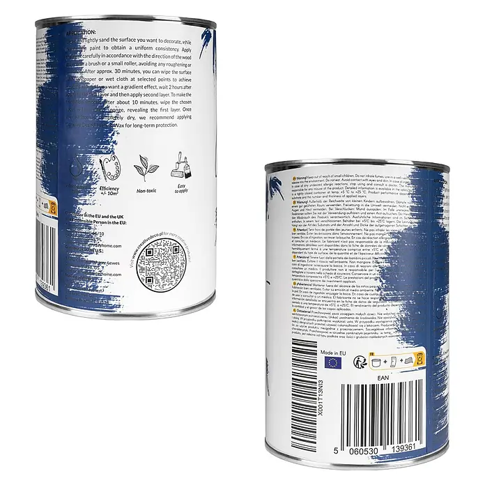 Creative Deco Speziallack Kreidefarbe für Möbel Ozeanblau - Blau, Matt, 1 l, Wasserbasiert - Weiße Farbdose mit blauem Text und Grafiken, die Anwendungshinweise und mehrsprachige Warnungen zeigt.