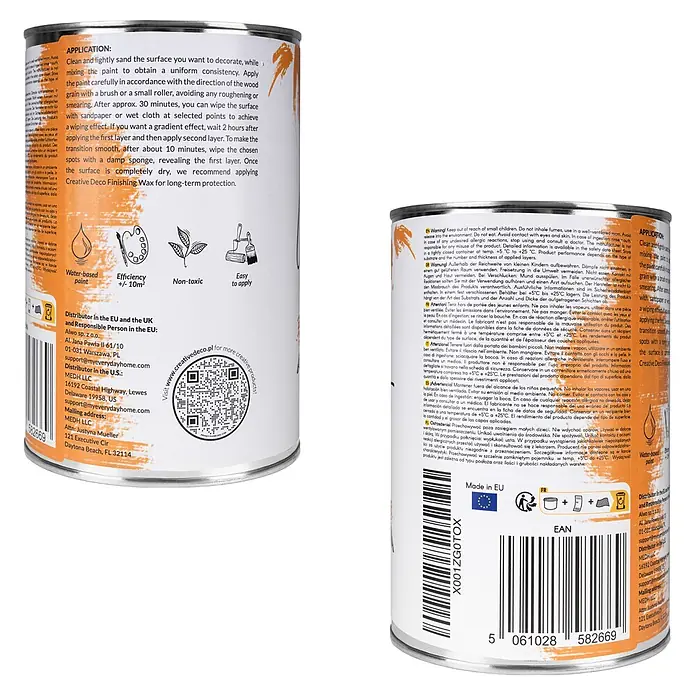 Creative Deco Speziallack Kreidefarbe für Möbel Orange - Orange, Matt, 1 l, Wasserbasiert - Eine silberne Farbdose mit weißem Etikett, das orangefarbenen Text und Symbole zeigt, darunter Anweisungen und Produktinformationen.