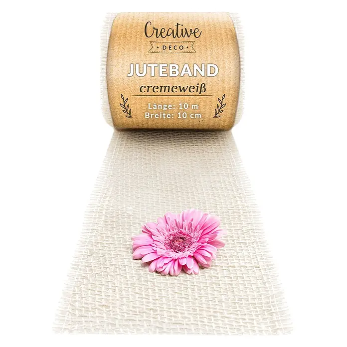 Creative Deco Bastelband Juteband Weiß 10cm x 10m - Weiß, 10 m - Cremeweißes Juteband, 10 m lang, 10 cm breit, mit rosa Blume dargestellt.