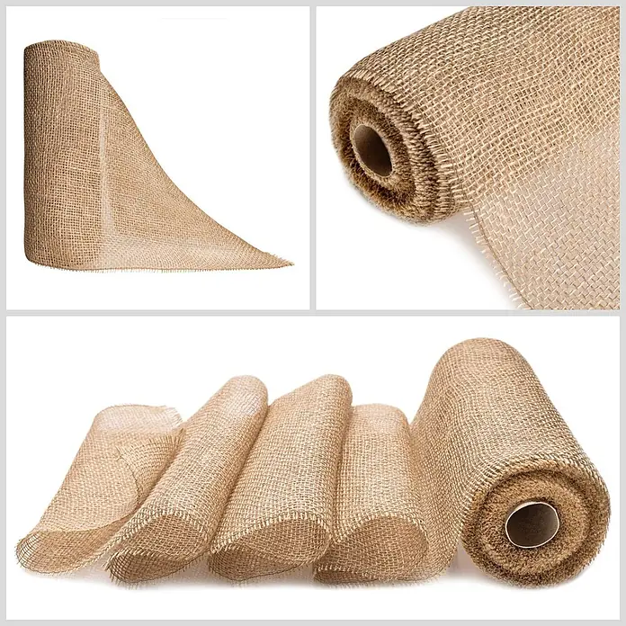 Creative Deco Bastelband Juteband 30cm x 10m - Braun - Rollen aus natürlichem braunem Jutestoff, einzeln und in einer Reihe präsentiert, die Textur zeigend.