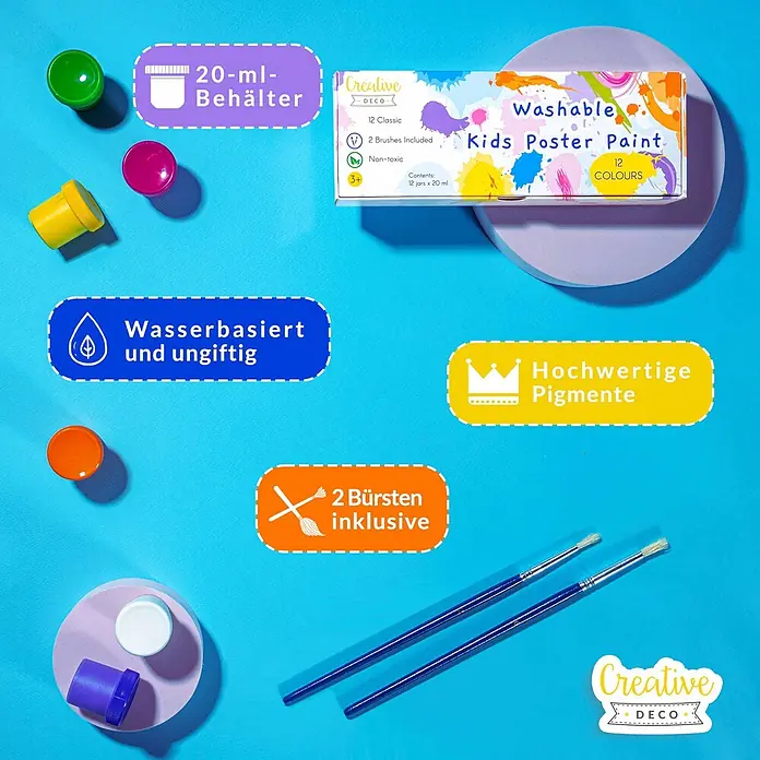 Creative Deco Gouachefarben-Set CD12x20 - Mehrfarbig, 12 Stk. x 20 ml - Eine Packung Creative Deco abwaschbare Kinder-Plakatfarbe mit 12 Farben, 2 Pinseln und einzelnen Farbtöpfen.