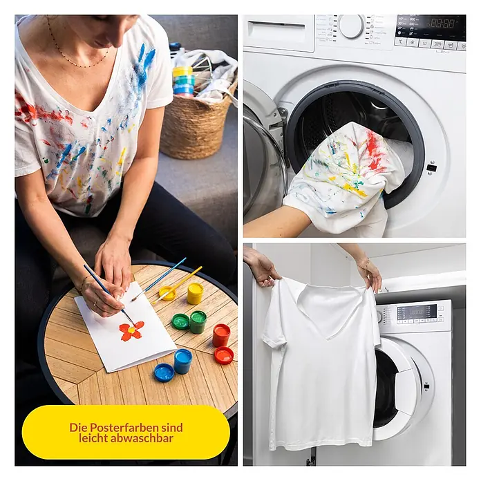 Creative Deco Gouachefarben-Set CD24x20 - Mehrfarbig, 24 Stk. x 20 ml - Eine Person malt mit abwaschbaren Plakatfarben, die ein T-Shirt beflecken, das dann sauber aus der Waschmaschine kommt.