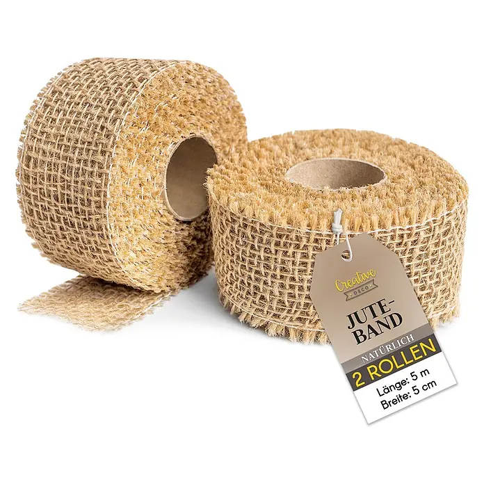 Creative Deco Bastelband Juteband 2 Rollen 5cm x 5m - Braun, 10 m - Zwei Rollen natürliches Juteband, je 5 m lang und 5 cm breit, mit dekorativem Etikett.