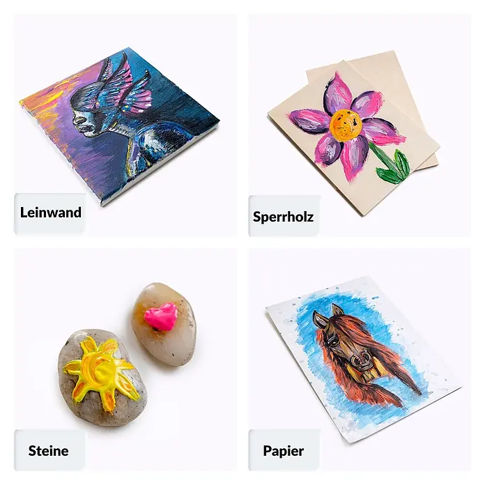 Creative Deco Gouachefarben-Set CD24x20 - Mehrfarbig, 24 Stk. x 20 ml - Vier Beispiele von gemalten Kunstwerken auf verschiedenen Oberflächen: Leinwand, Sperrholz, Steine und Papier.