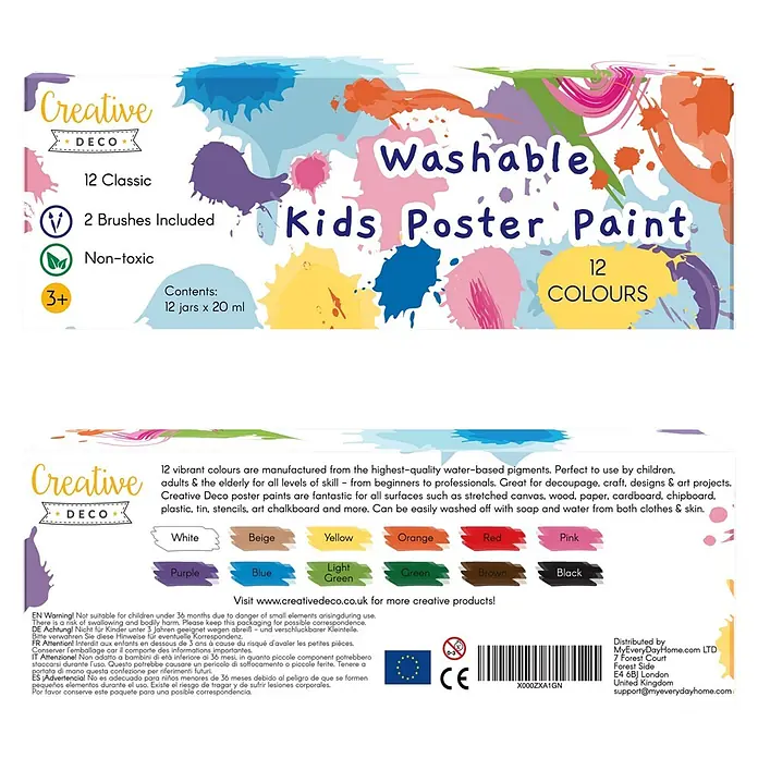 Creative Deco Gouachefarben-Set CD12x20 - Mehrfarbig, 12 Stk. x 20 ml - Packung Creative Deco abwaschbare Kinder-Plakatfarbe mit 12 klassischen Farben, 2 Pinseln, ungiftig, 12 Gläser à 20ml.