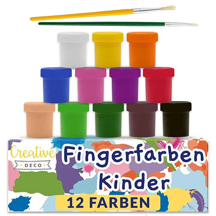 Creative Deco Gouachefarben-Set CD12x20 - Mehrfarbig, 12 Stk. x 20 ml - Buntes Kinder-Fingerfarben-Set mit 12 Farbtöpfchen, 2 Pinseln und einer dekorativen Schachtel.