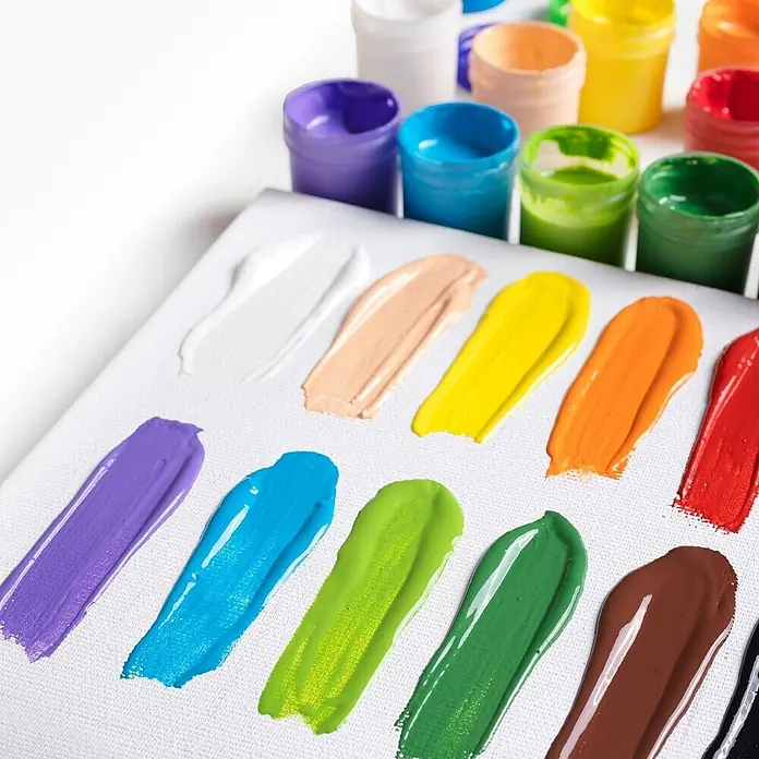 Creative Deco Gouachefarben-Set CD12x20 - Mehrfarbig, 12 Stk. x 20 ml - Farbenfrohe Farbtöpfe und Farbmuster in Regenbogenfarben, inklusive Weiß-, Beige- und Brauntönen.