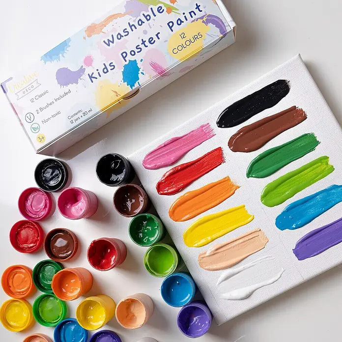 Creative Deco Gouachefarben-Set CD12x20 - Mehrfarbig, 12 Stk. x 20 ml - Creative Deco abwaschbare Kinderplakatfarben: 12 Gläser, Farbmuster auf Leinwand. Die Box zeigt 12 Farben, ungiftig, 2 Pinsel enthalten.