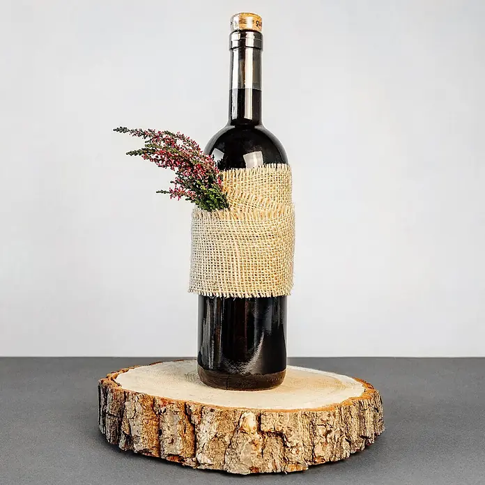 Creative Deco Bastelband Juteband 10cm x 10m - Braun - Dekorative dunkle Flasche mit Juteband und Heidekraut, präsentiert auf einer runder Holzscheibe.