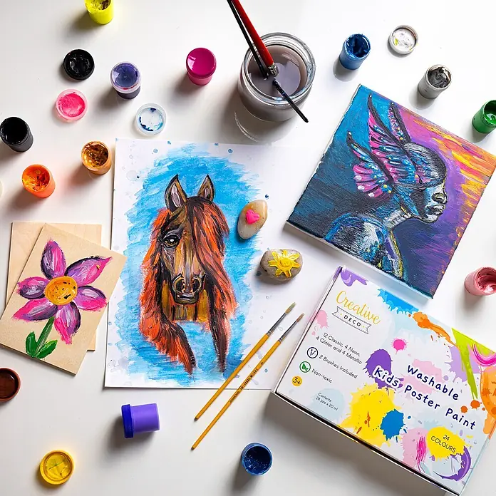 Creative Deco Gouachefarben-Set CD24x20 - Mehrfarbig, 24 Stk. x 20 ml - Creative DECO Kids Waschbare Plakatfarben-Box (24 Farben) mit Farben, Pinseln und bunten Kunstprojekten.