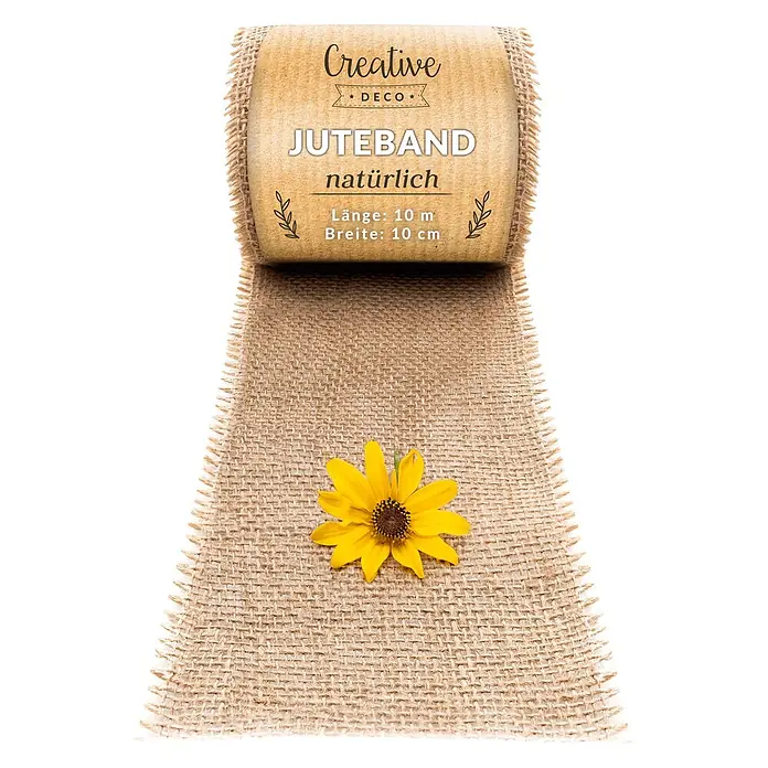 Creative Deco Bastelband Juteband 10cm x 10m - Braun - Rolle Natur Juteband, 10m lang, 10cm breit. Entrollter Teil mit gelber Blume.