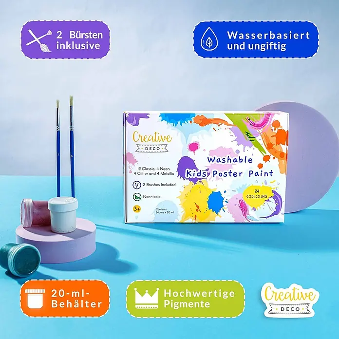 Creative Deco Gouachefarben-Set CD24x20 - Mehrfarbig, 24 Stk. x 20 ml - Eine farbenfrohe Schachtel mit Creative Deco Kids Plakatfarben, 24 waschbare, ungiftige Farben in 20ml-Tiegeln und zwei Pinseln, auf blau-violetter Oberfläche.