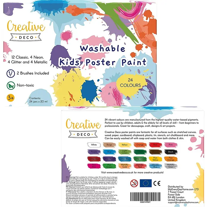 Creative Deco Gouachefarben-Set CD24x20 - Mehrfarbig, 24 Stk. x 20 ml - Creative Deco 24 waschbare Kinderplakatfarben (je 20ml) mit 2 Pinseln. Ungiftig, ab 3 Jahren.
