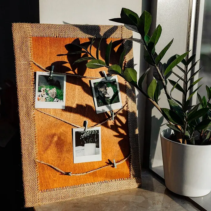 Creative Deco Bastelband Juteband 10cm x 10m - Braun - Rustikale Holz-Fotowand mit Sackleinen-Rand, drei Fotos mit Klammern haltend, neben einer Grünpflanze.