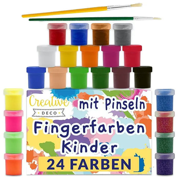 Creative Deco Gouachefarben-Set CD24x20 - Mehrfarbig, 24 Stk. x 20 ml - 24 Töpfe bunte Fingerfarben, vier Glitzertöpfe und zwei Pinsel für kreative Kunstprojekte von Kindern.