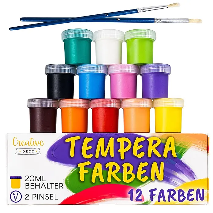 Creative Deco Gouachefarben-Set CD12x20 - Mehrfarbig - Set aus 12 bunten Temperafarben in 20ml Behältern mit 2 blauen Pinseln.