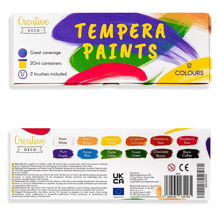 Creative Deco Gouachefarben-Set CD12x20 - Mehrfarbig - Creative Deco Temperafarben-Set mit 12 Farben, 20ml Behältern und 2 Pinseln. Ungiftig.