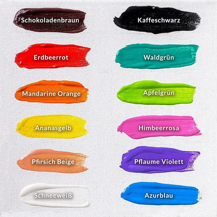 Creative Deco Gouachefarben-Set CD12x20 - Mehrfarbig - Zwölf Farbproben mit deutschen Namen wie Schokoladenbraun, Erdbeerrot und Apfelgrün.