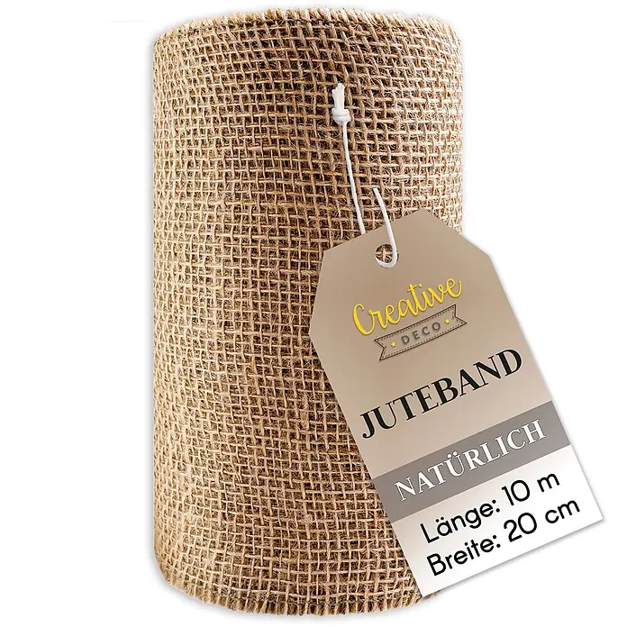 Creative Deco Bastelband Juteband 20cm x 10m - Braun - Rolle Natur-Juteband, 10m lang und 20cm breit, mit Produktetikett.