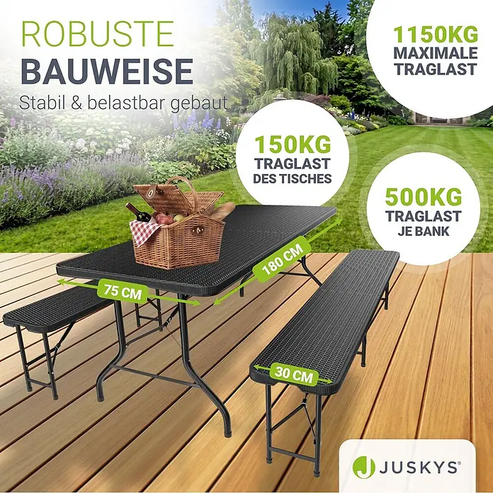 Juskys Gartenbank Bierzeltgarnitur - B x T x H: 74 x 180 x 74 cm, Schwarz - Robustes schwarzes Klapptisch- und Bankset im Rattan-Look im Garten, mit Maßen und hoher Traglast.