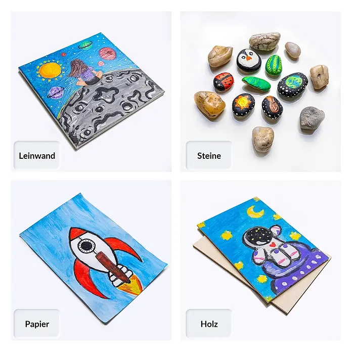 Creative Deco Gouachefarben-Set CD12x20 - Mehrfarbig - Vier Kunstprojekte: Gemälde auf Leinwand, bemalte Steine, Raketenzeichnung auf Papier und Astronautenbild auf Holz.