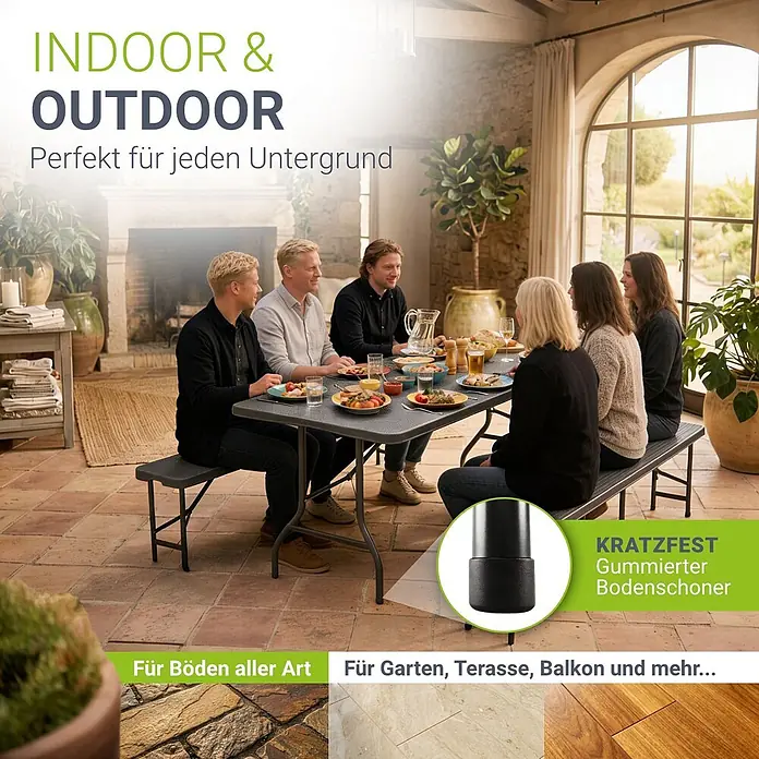 Juskys Gartenbank Bierzeltgarnitur - B x T x H: 74 x 180 x 74 cm, Schwarz - Dunkelgrauer Klapptisch mit Bänken, drinnen genutzt, mit Gummi-Bodenschonern für vielseitigen Innen- und Außenbereich.