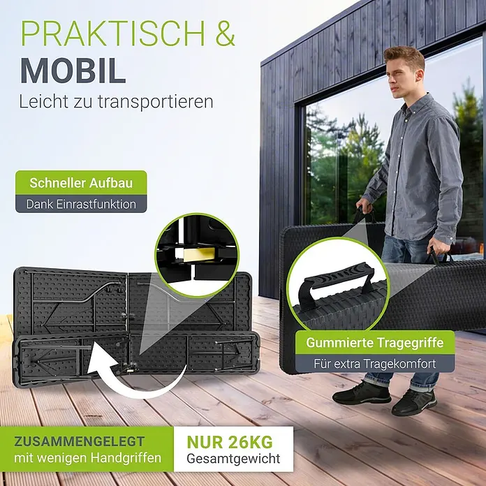 Juskys Gartenbank Bierzeltgarnitur - B x T x H: 74 x 180 x 74 cm, Schwarz - Ein Mann trägt einen zusammengeklappten schwarzen Klapptisch aus Kunststoff am gummierten Griff, was den einfachen Transport und das kompakten Design hervorhebt.