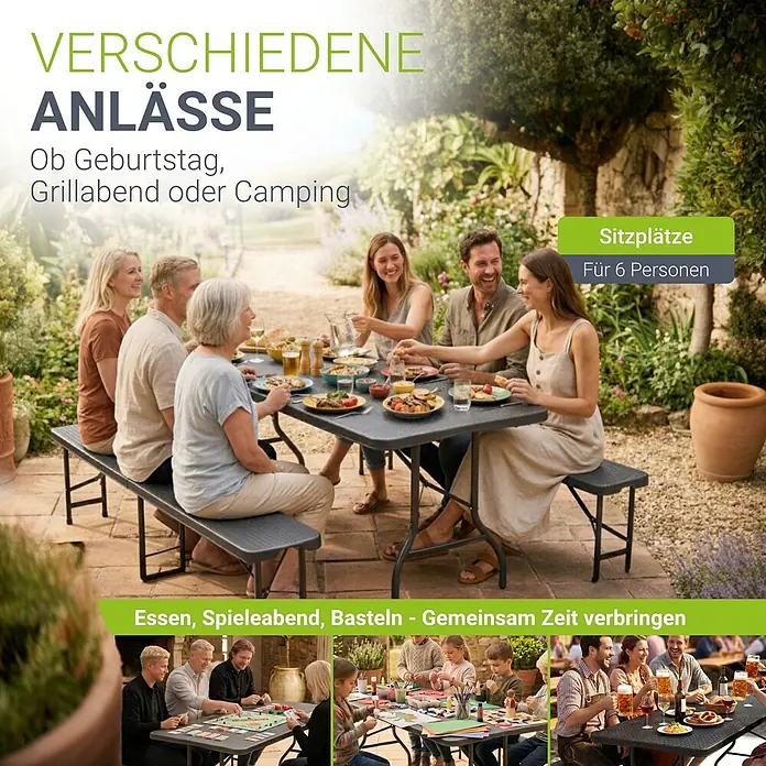 Juskys Gartenbank Bierzeltgarnitur - B x T x H: 74 x 180 x 74 cm, Schwarz - Dunkelgraue Klapptisch-Garnitur für 6 Personen, im Garten genutzt zum Essen, Spielen und Basteln.