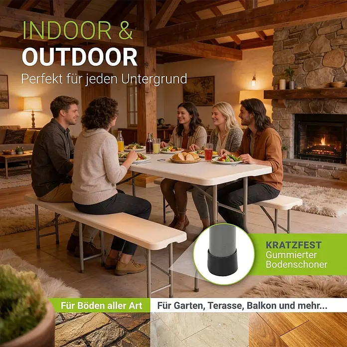 Juskys Gartenbank Bierzeltgarnitur - B x T x H: 70 x 180 x 74 cm, Weiß - Familie isst an vielseitigem Klapptisch mit Bänken, ausgestattet mit kratzfesten Gummifüßen zum Bodenschutz.