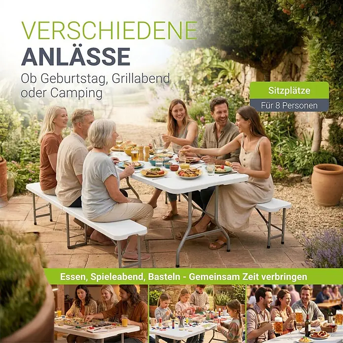 Juskys Gartenbank Bierzeltgarnitur - B x T x H: 70 x 180 x 74 cm, Weiß - Weißer klappbarer Tisch mit Bänken für 8 Personen, genutzt bei Outdoor-Versammlungen, Essen und Basteln.