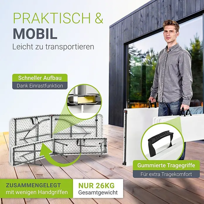 Juskys Gartenbank Bierzeltgarnitur - B x T x H: 70 x 180 x 74 cm, Weiß - Mann trägt zwei weiße Klapptische mit integrierten Griffen, was ihr tragbares und kompaktes Design demonstriert.