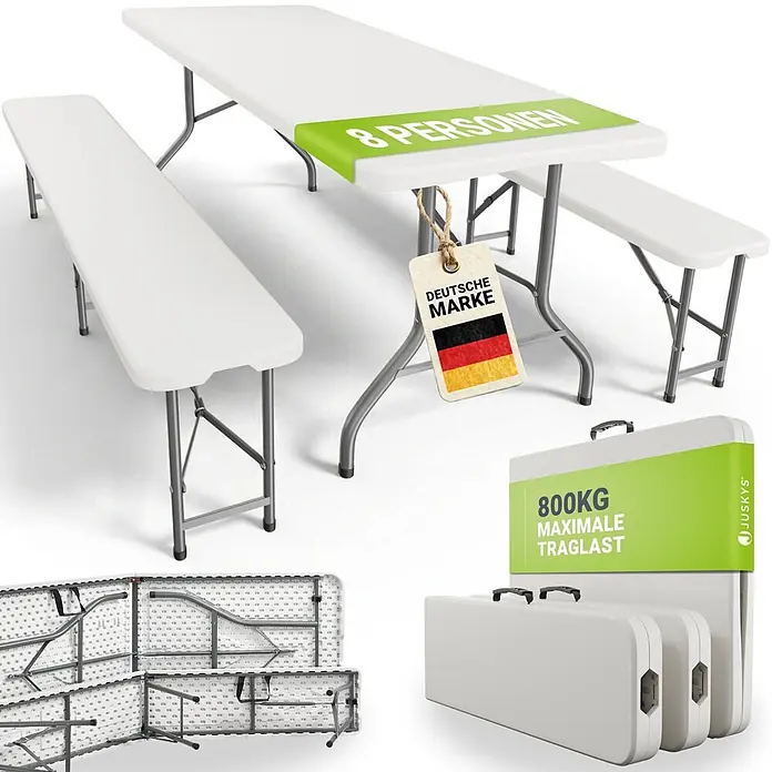 Juskys Gartenbank Bierzeltgarnitur - B x T x H: 70 x 180 x 74 cm, Weiß - Weißer, klappbarer Gartentisch und zwei Bänke, montiert und zusammengeklappt. Für 8 Personen, 800kg Traglast.