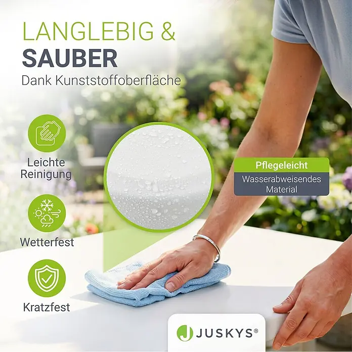 Juskys Gartenbank Bierzeltgarnitur - B x T x H: 70 x 180 x 74 cm, Weiß - Weißer Tisch mit langlebiger, pflegeleichter Kunststoffoberfläche, die abgewischt wird. Wasserabweisend und kratzfest.