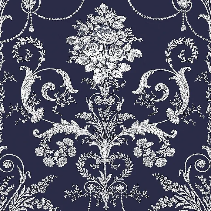 Laura Ashley Vliestapete Vliestapete Josette Damast - Dunkelblau, Ornament, 10 x 0,52 m - Weißes, verwittertes barockes Blumenmuster auf marineblauem Hintergrund, ideal für Tapeten oder Stoffe.