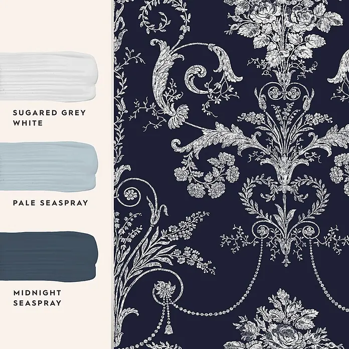 Laura Ashley Vliestapete Vliestapete Josette Damast - Dunkelblau, Ornament, 10 x 0,52 m - Dunkelblaue Tapete mit weißem, verschnörkeltem Blumenmuster, dazu passende Farbmuster: Weiß, Hellblau und Dunkelblau.