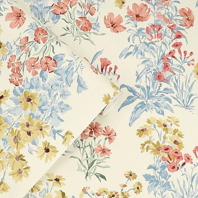 Laura Ashley Vliestapete Vliestapete Megan - Gelb, Floral - Gerollte Tapete mit floralem Aquarellmuster in Koralle, Hellblau und Gelb.