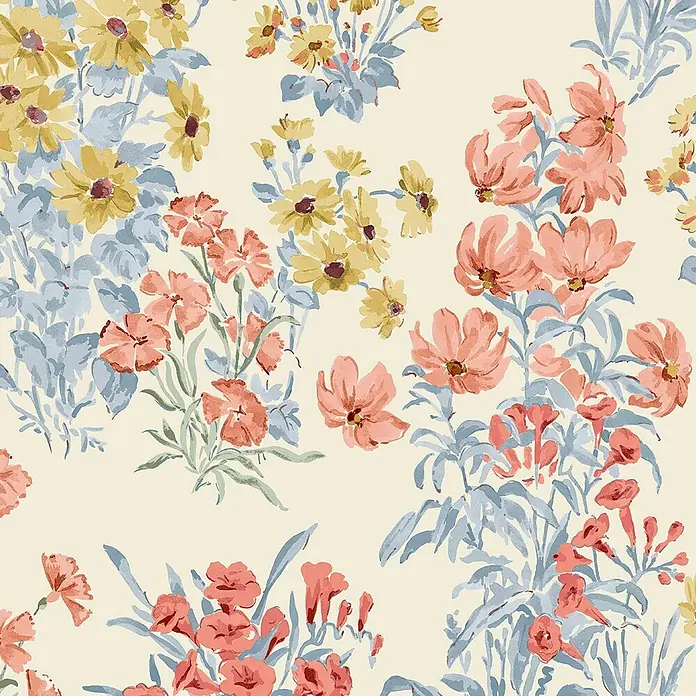 Laura Ashley Vliestapete Megan - Gelb, Floral, 1.000 x 52 cm - Aquarell-Blumenmuster mit gelben, korallfarbenen und blauen Blüten und Blättern.
