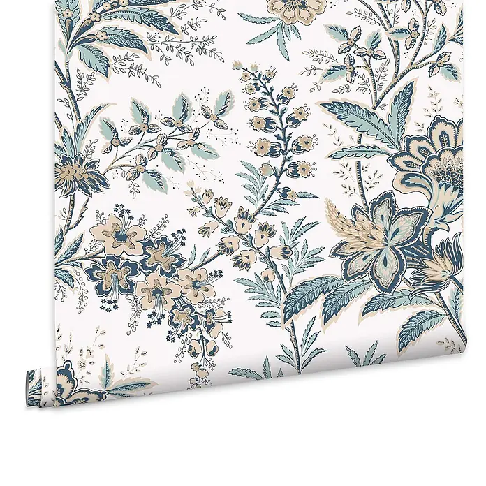 Laura Ashley Vliestapete Litton - Blau, Floral, 1.000 x 52 cm - Florale Tapetenrolle mit blauen, türkisen und beigen botanischen Mustern.