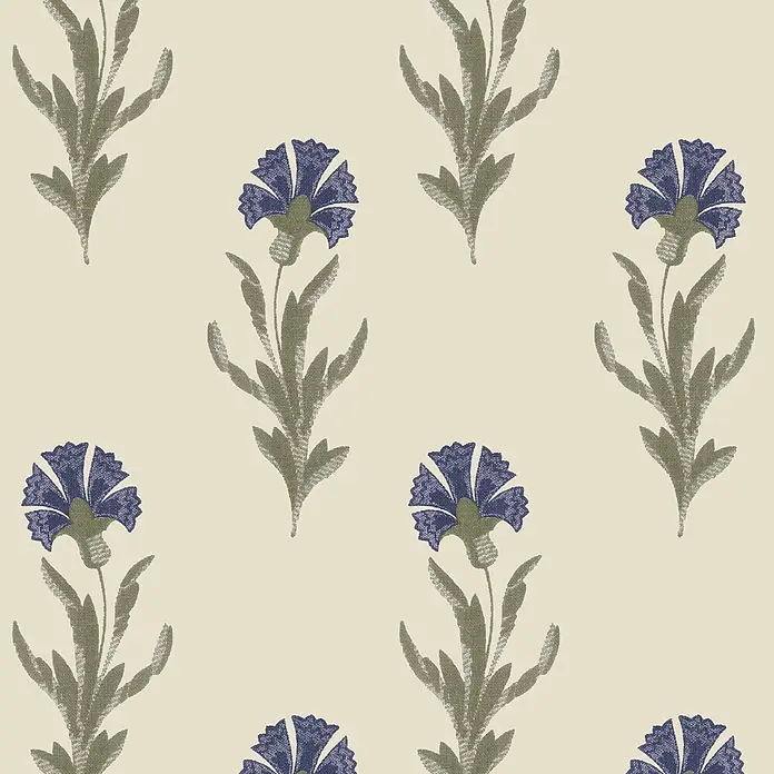 Laura Ashley Vliestapete Vliestapete Löwenzahn - Blau, Floral, 10 x 0,52 m - Wiederkehrendes Muster aus stilisierten blauen Blumen und grünen Blättern, ideal für Textilien.