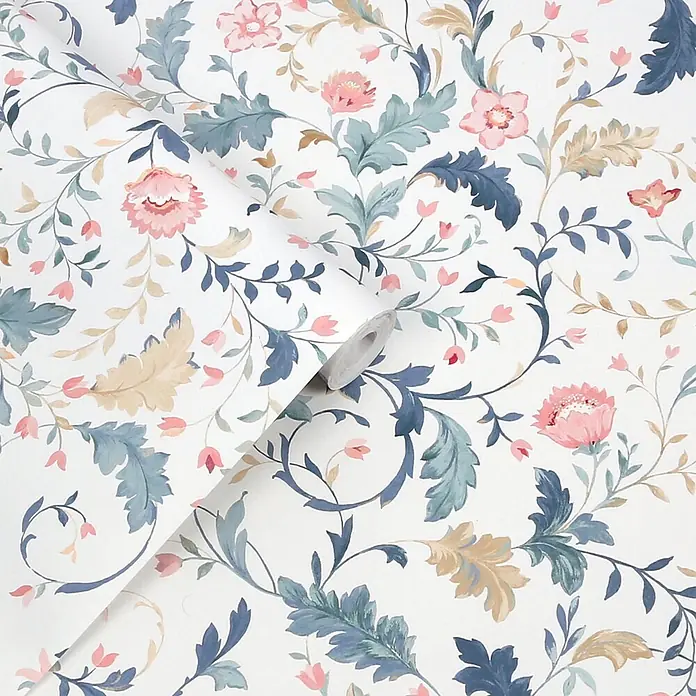 Laura Ashley Vliestapete Litton - Blau, Floral, 1.000 x 52 cm - Tapetenrolle mit zartem Blumenmuster, rosa Blüten und blauen/goldenen Blättern.