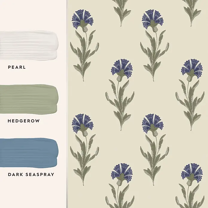 Laura Ashley Vliestapete Vliestapete Löwenzahn - Blau, Floral, 10 x 0,52 m - Farbpalette mit weißen, grünen und blauen Farbfeldern, kombiniert mit einem Blumenmuster aus blauen Blüten und grünen Blättern.