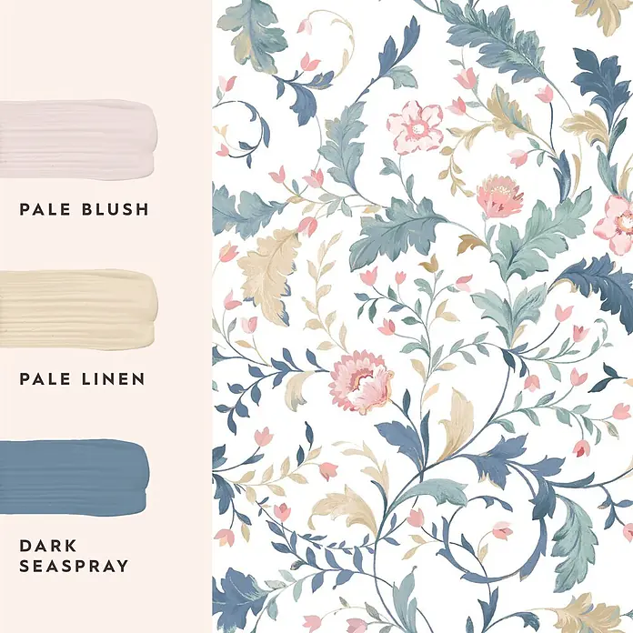 Laura Ashley Vliestapete Litton - Blau, Floral, 1.000 x 52 cm - Florales Tapetenmuster mit blauen, grünen und goldenen Blättern, rosa Blüten und passenden hellen Farbmustern.